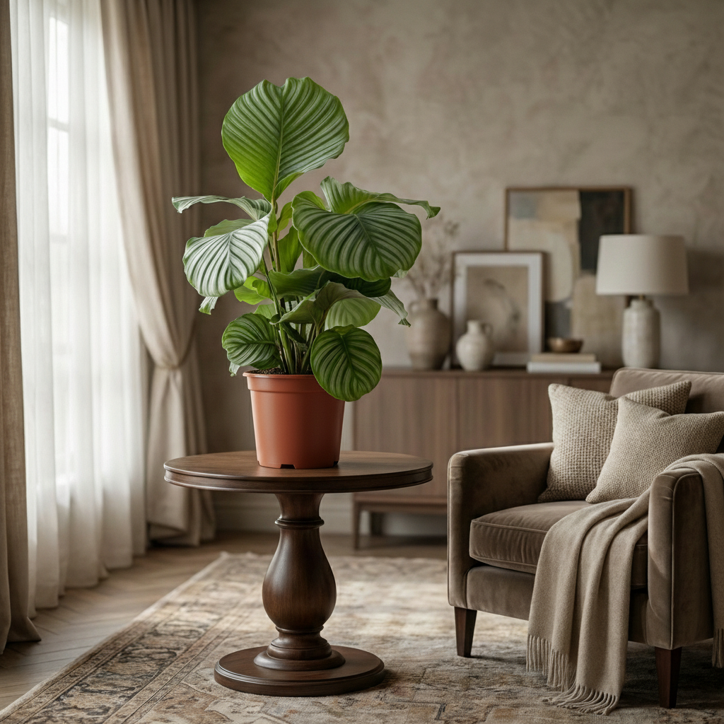 Green boutiQ - Kamerplant - Pauwenplant - Calathea Orbifolia - Groen - Weinig onderhoud - 1 Plant - Kruka 21cm - Hoogte 60 - 70cm