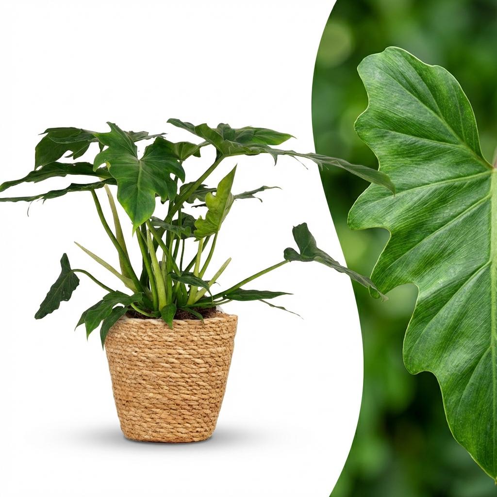 Green boutiQ - Kamerplant - Philodendron - Philodendron Lacerum - Groen - Weinig onderhoud - 1 Plant - met Mand - Kruka 19cm - Hoogte 65cm