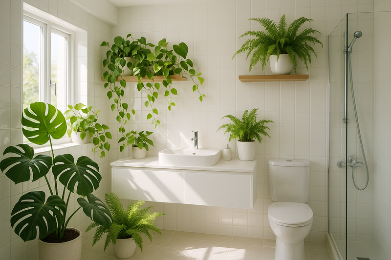 des plantes vertes dans une salle de bain lumineuse et moderne