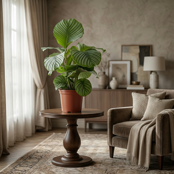 Green boutiQ - Kamerplant - Pauwenplant - Calathea Orbifolia - Groen - Weinig onderhoud - 1 Plant - Kruka 21cm - Hoogte 60 - 70cm