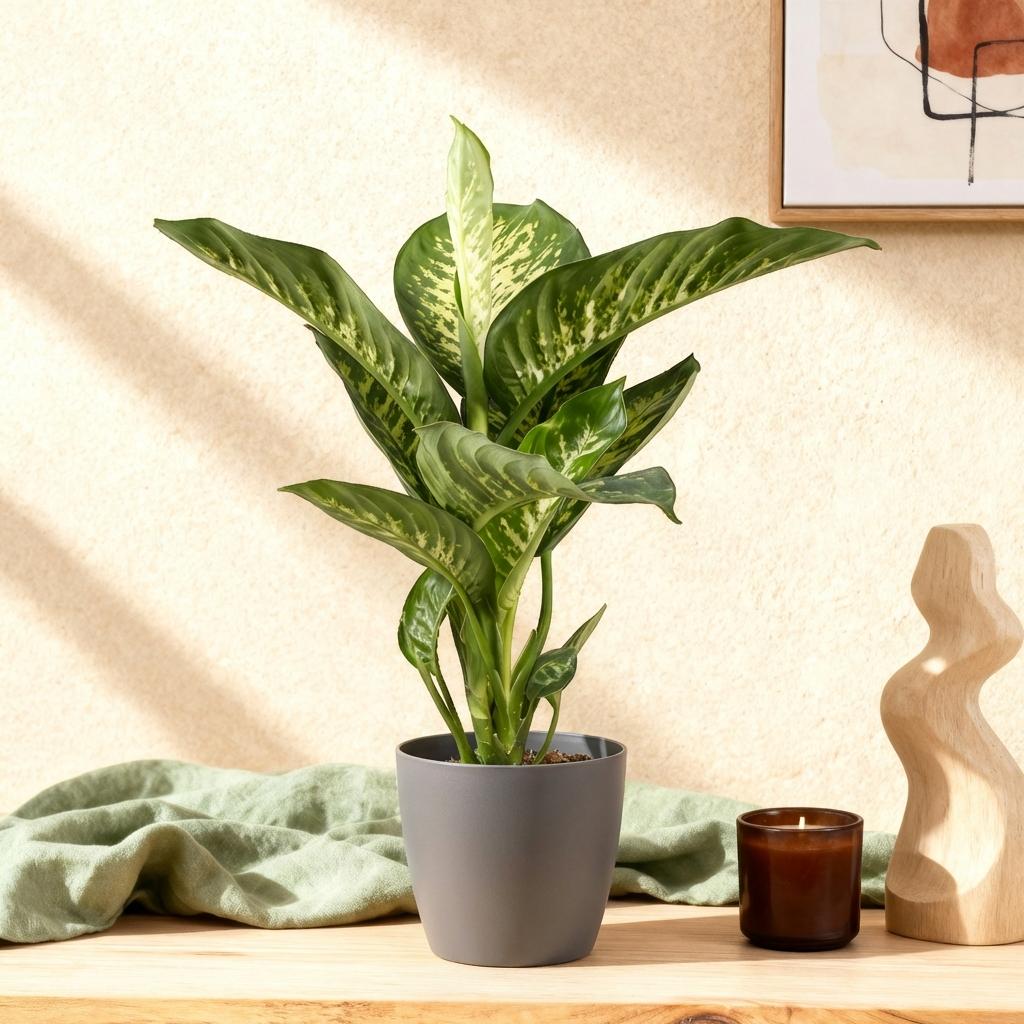 Green BoutiQ - Kamerväxtn - Diefenbachia Tropic Snow - Dieffenbachia - Weinig onderhoud - Groen - 1 Plant - met Potter Grijs - Kruka 21cm - Hoogte 90-100cm
