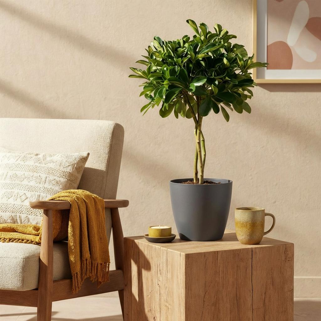 Green boutiQ - Kamerväxtn - Schefflera Gold Capelle - Vingerboom - Weinig onderhoud - Groen - goud - 1 Plant - met Potter Grijs - Kruka 21cm - Hoogte 70-80cm