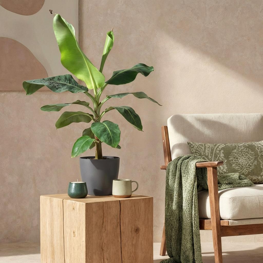 Green BoutiQ - Kamerväxtn - Musa acuminata Dwarf Cavendisch - Bananenplant - Weinig onderhoud - Groen - 1 Plant - met Potter Grijs - Kruka 21cm - Hoogte 70-75cm