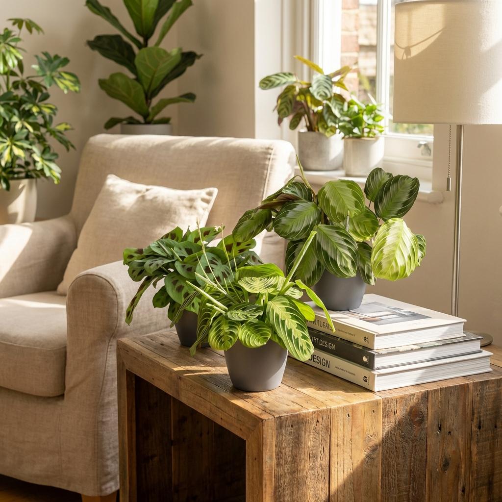 Green boutiQ - Kamerplant - Marantha Silverband, Marantha Lemon Lime Marantha Kerchoveana - Gebedsplant - Huisdiervriendelijke Plant - Groen - 3 Växtn - met Potter Grijs - Kruka 12cm - Hoogte 25cm