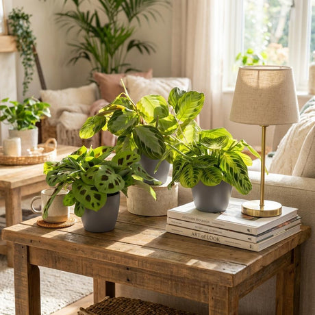 Green boutiQ - Kamerplant - Marantha Silverband, Marantha Lemon Lime Marantha Kerchoveana - Gebedsplant - Huisdiervriendelijke Plant - Groen - 3 Växtn - met Potter Grijs - Kruka 12cm - Hoogte 25cm