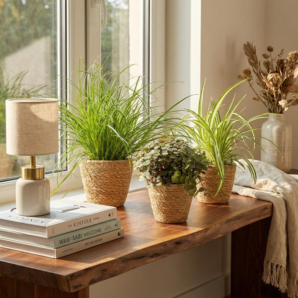Green boutiQ - Kamerplant - Cyperus - Calissia - Chlorophytum - Mix van 3 - Huisdiervriendelijke Växtn - Groen - 3 Växtn - met Mand - Kruka 12cm - Hoogte 20cm