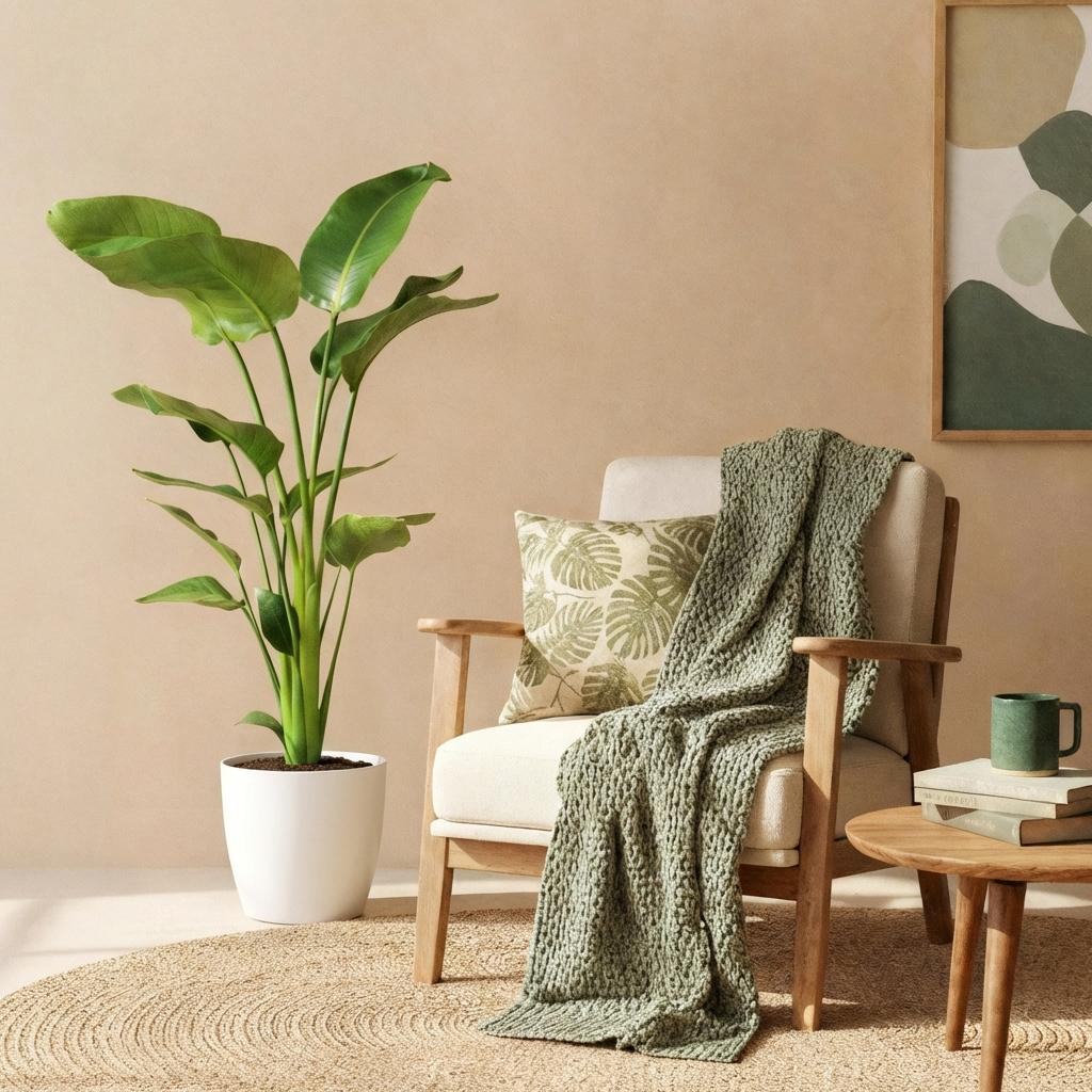 Green BoutiQ - Kamerväxtn - Strelitzia Nicolai - Paradijsvogelbloem - Weinig onderhoud - Groen - 1 Plant - met Potter Wit - Kruka 21cm - Hoogte 110-120cm