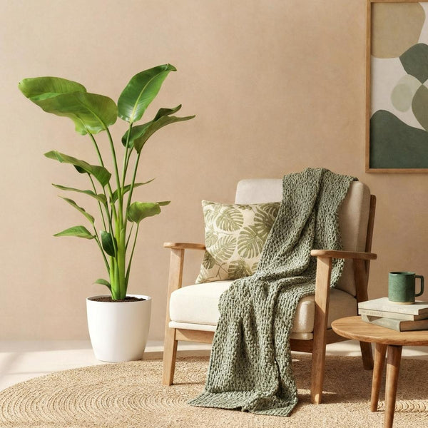 Green BoutiQ - Kamerväxtn - Strelitzia Nicolai - Paradijsvogelbloem - Weinig onderhoud - Groen - 1 Plant - met Potter Wit - Kruka 21cm - Hoogte 110-120cm