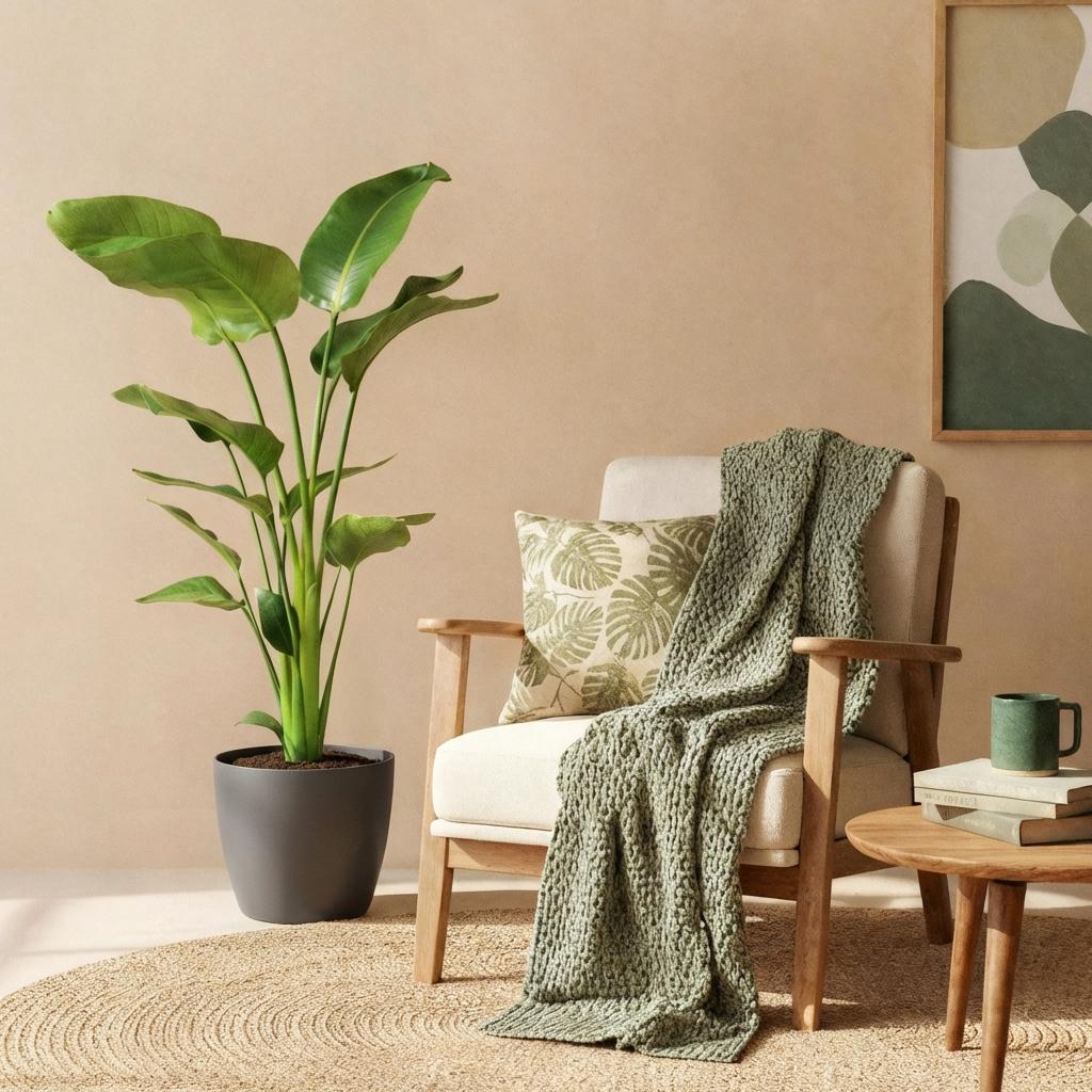 Green BoutiQ - Kamerväxtn - Strelitzia Nicolai - Paradijsvogelbloem - Weinig onderhoud - Groen - 1 Plant - met Potter Grijs - Kruka 21cm - Hoogte 110-120cm