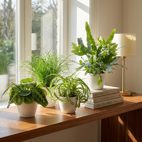 Green boutiQ - Kamerplant - Chlorophytum - Cyperus - Phlebodium - Marantha - Mix van 4 - Huisdiervriendelijke Växtn - Groen - 4 Växtn - met Mand - Kruka 12cm - Hoogte 25cm