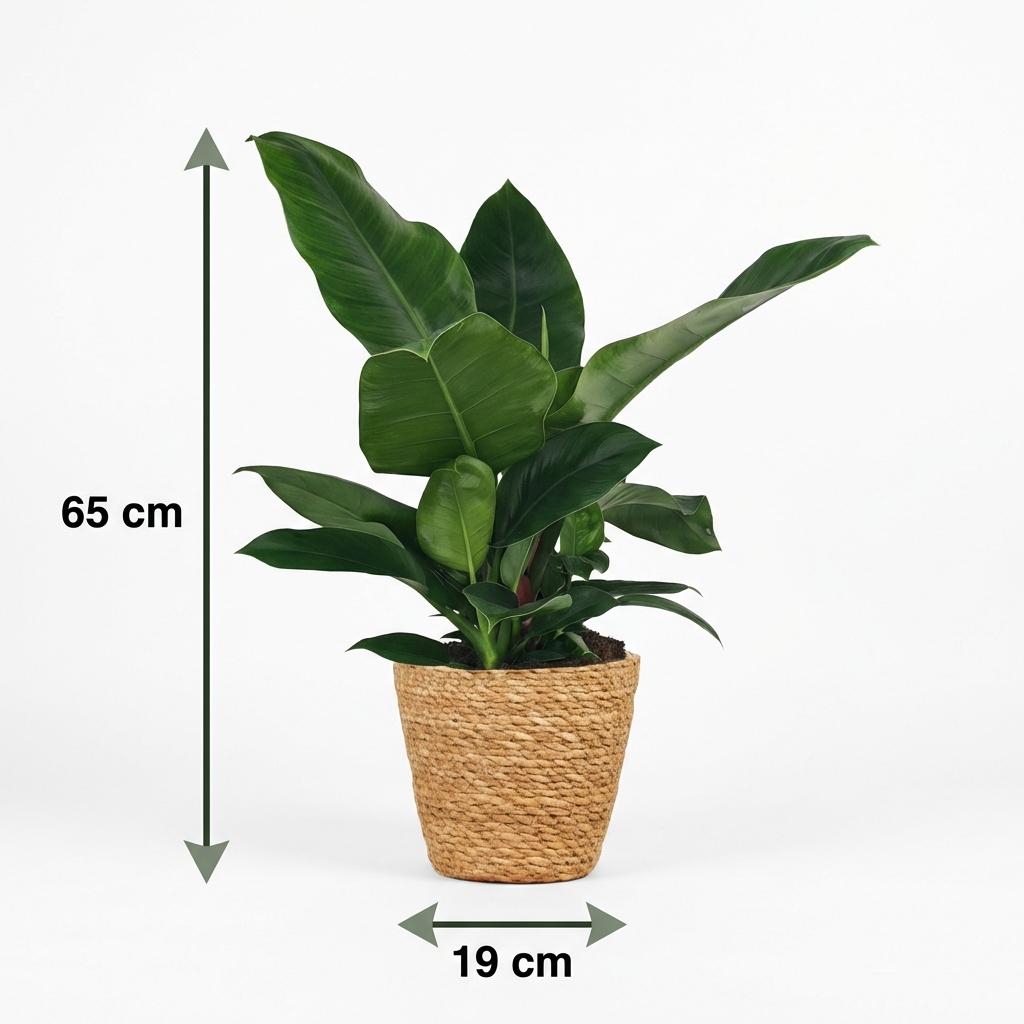 Green boutiQ - Kamerplant - Philodendron - Philodendron Imperial Green - Groen - Weinig onderhoud - 1 Plant - met Mand - Kruka 19cm - Hoogte 65cm