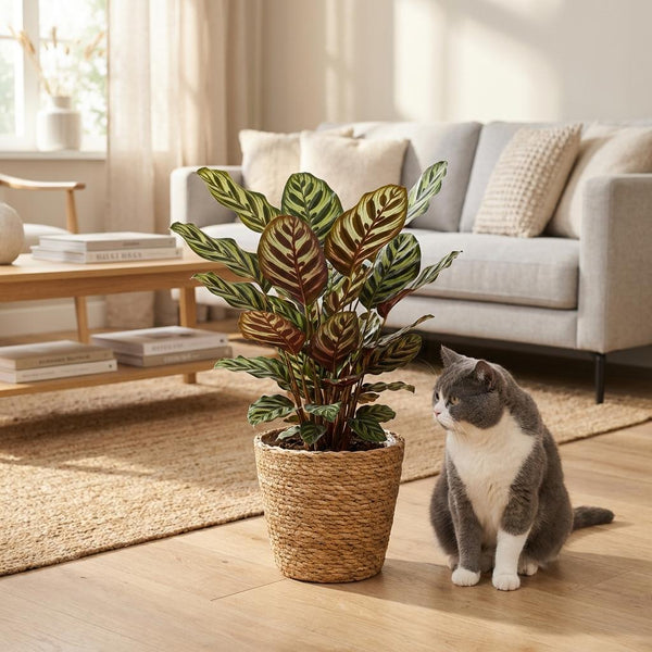 Green boutiQ - Kamerplant - Pauwenplant - Calathea Makoyana - Groen - Weinig onderhoud - 1 Plant - met Mand - Kruka 19cm - Hoogte 70cm